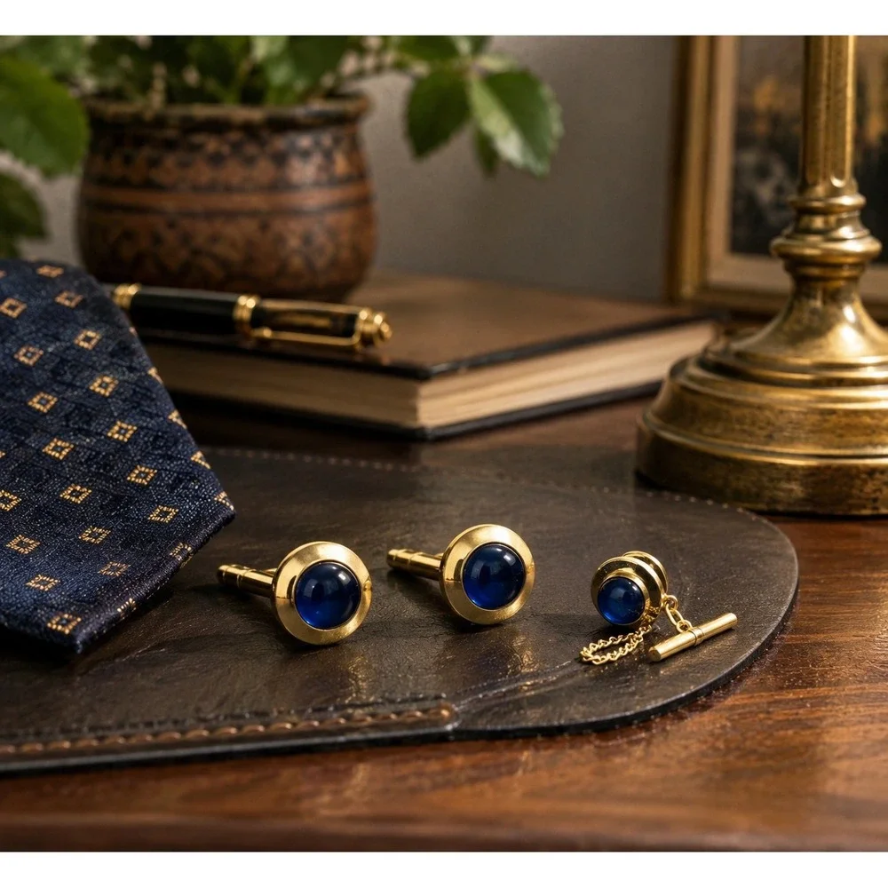 Vintage Swank Cufflinks Tie Tack Set Blue Cabochon Gold Tone MCM Mens Jewelry